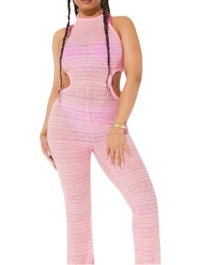 Yitty Sleeveless Pink Lace Cutout cover up Jumpsuit with High Neck wide leg